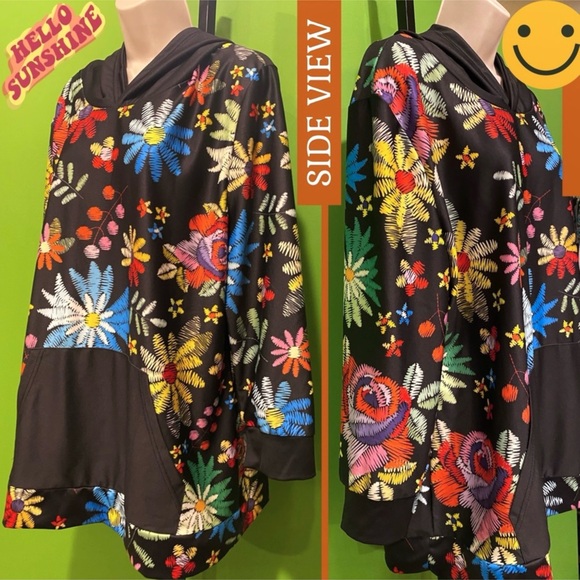 2X BLACK HOODED TUNIC/BRIGHT FLORAL PRINT(RUNS BIG)SEE MEASUREMENTS-non textured - Picture 5 of 14